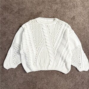 Knit Cable Sweater Women size S/M White 3/4 Dolman Long Sleeve Crew Neck